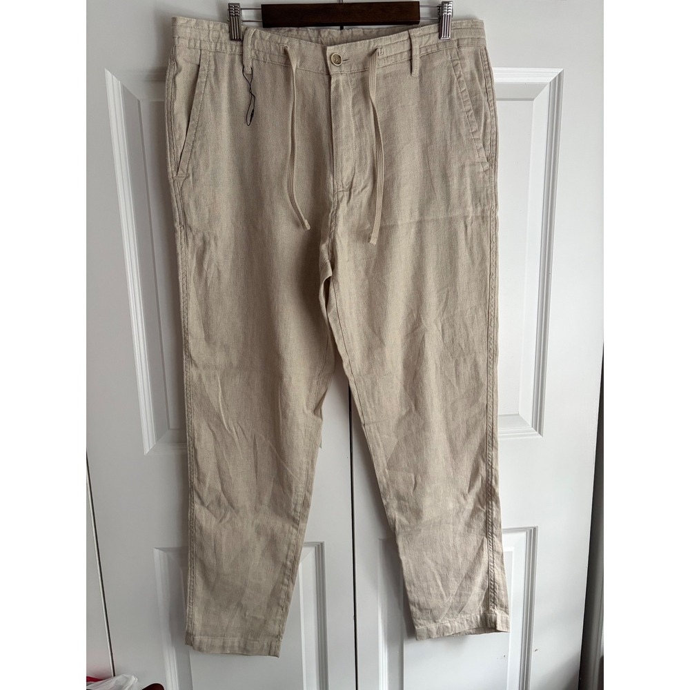 Zara Men Beige Linen Cotton Blend Drawstring Lightweight Trousers Pants Size 34